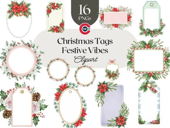 Christmas Tag Clipart with Poinsettias Illustrations
