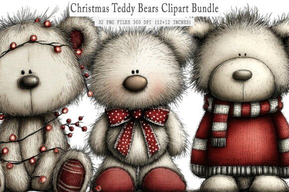 Christmas Teddy Bears Clipart: Festive Illustrations for Design