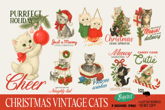 Christmas Vintage Cat PNG Bundle: Illustrations for Branding