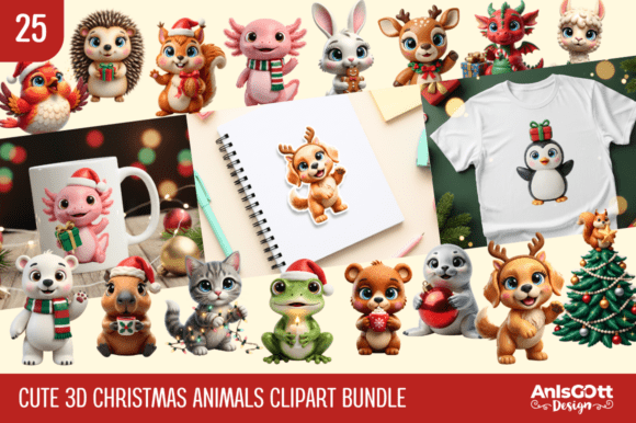 Cute 3D Christmas Animals Clipart Bundle: Festive Illustrations