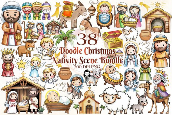 Cute Doodle Christmas Nativity Clipart for Illustrations