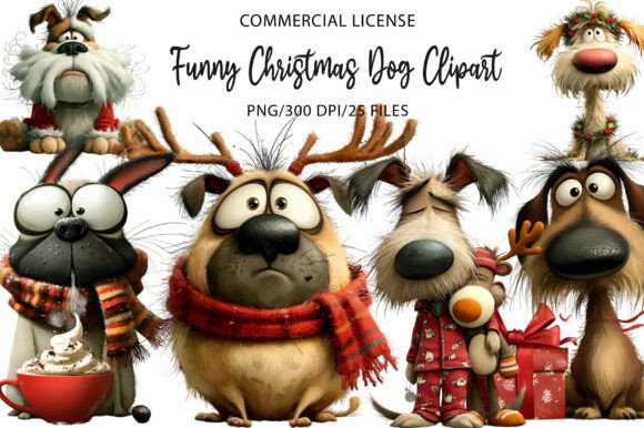 Cute Funny Christmas Dog Clipart & Illustrations