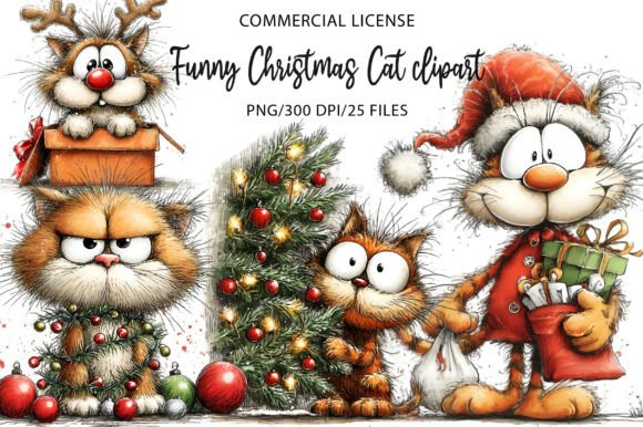 Funny Christmas Cat Clipart: Illustrations for Branding