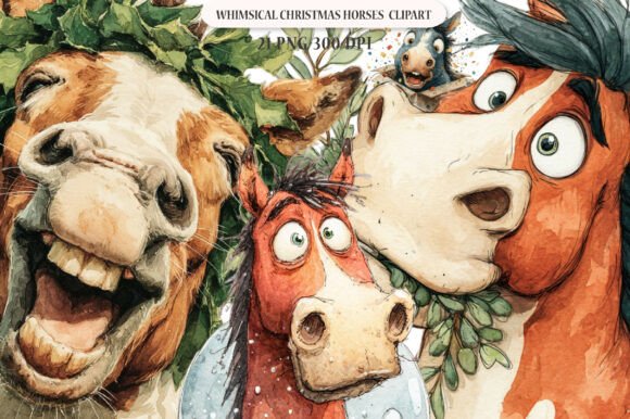 Funny Christmas Horses Clipart: Festive Illustrations for Brands