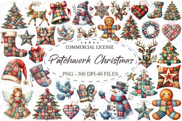 Patchwork Christmas Watercolor Clipart: Illustrations for Branding