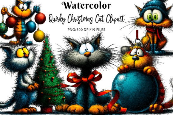 Quirky Christmas Cat Clipart: Illustrations for Sellers