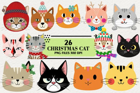 Quirky Christmas Cat Face Clipart: Festive Illustrations