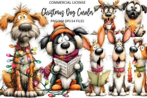 Quirky Christmas Dog Caroler Clipart & Illustrations