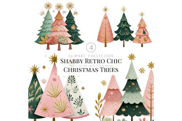 Shabby Retro Chic Christmas Trees Illustrations