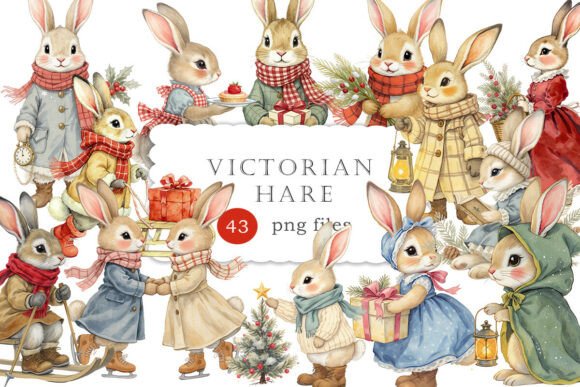 Victorian Christmas Hare Rabbit PNG Illustrations