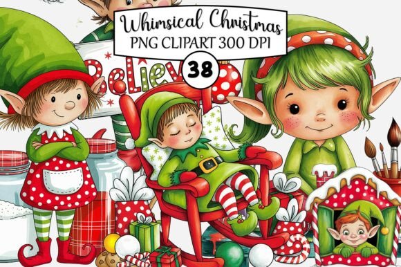 Whimsical Christmas Elf Clipart & Illustrations