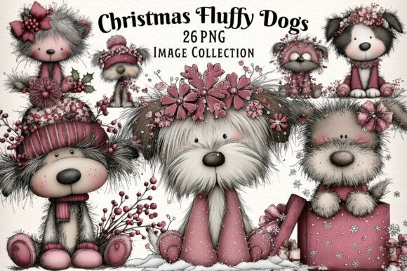 Whimsical Christmas Fluffy Dogs Clipart & Illustrations