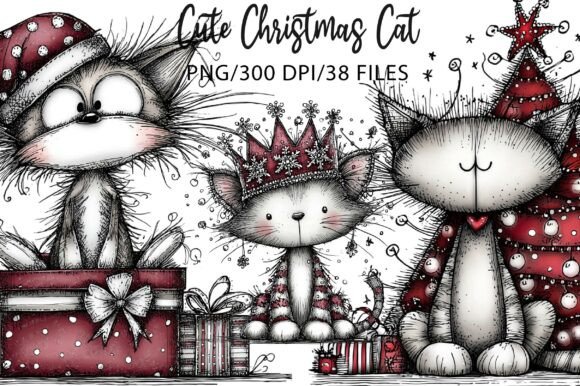 Whimsical Cute Christmas Cat Illustrations